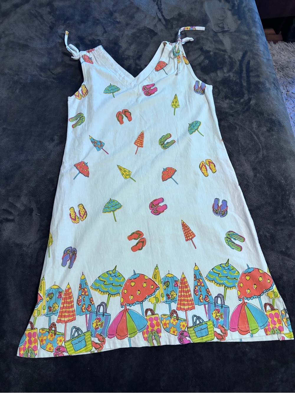 White Tie-Shoulder Beach Cover-Up Dress with Colorful Umbrella & Flipflop Print